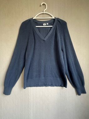 GAP Slate Duke Blue V-Neck Ribbed Pullover Sweater Sz L Balloon Sleeve Boho